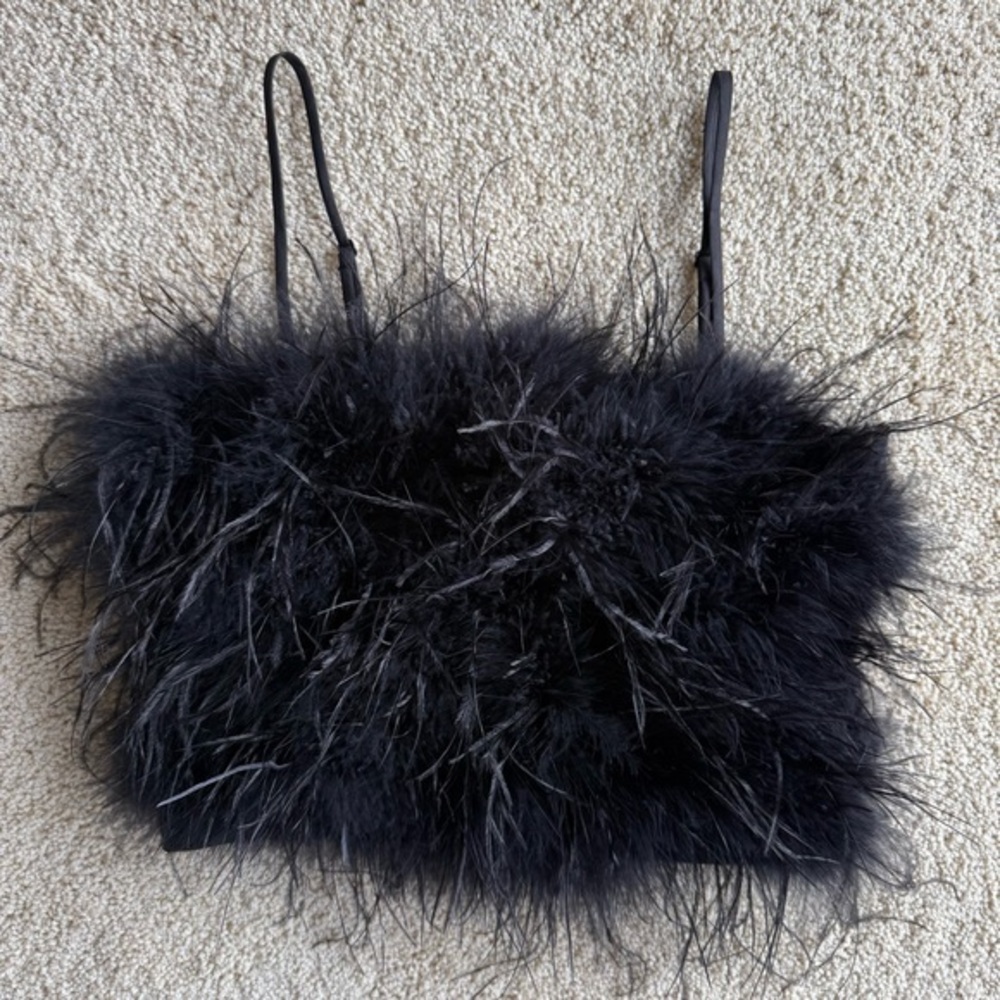 Lucy Paris Feather Trim Crop Top Black Strapless Camisole XS Party Y2K